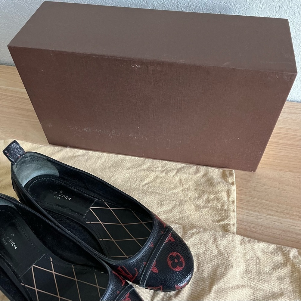 LOUIS VUITTON sz 36.5 6.5 INFRAROUGE Ballet Flats Black Red Monogram Canvas - Picture 9 of 16